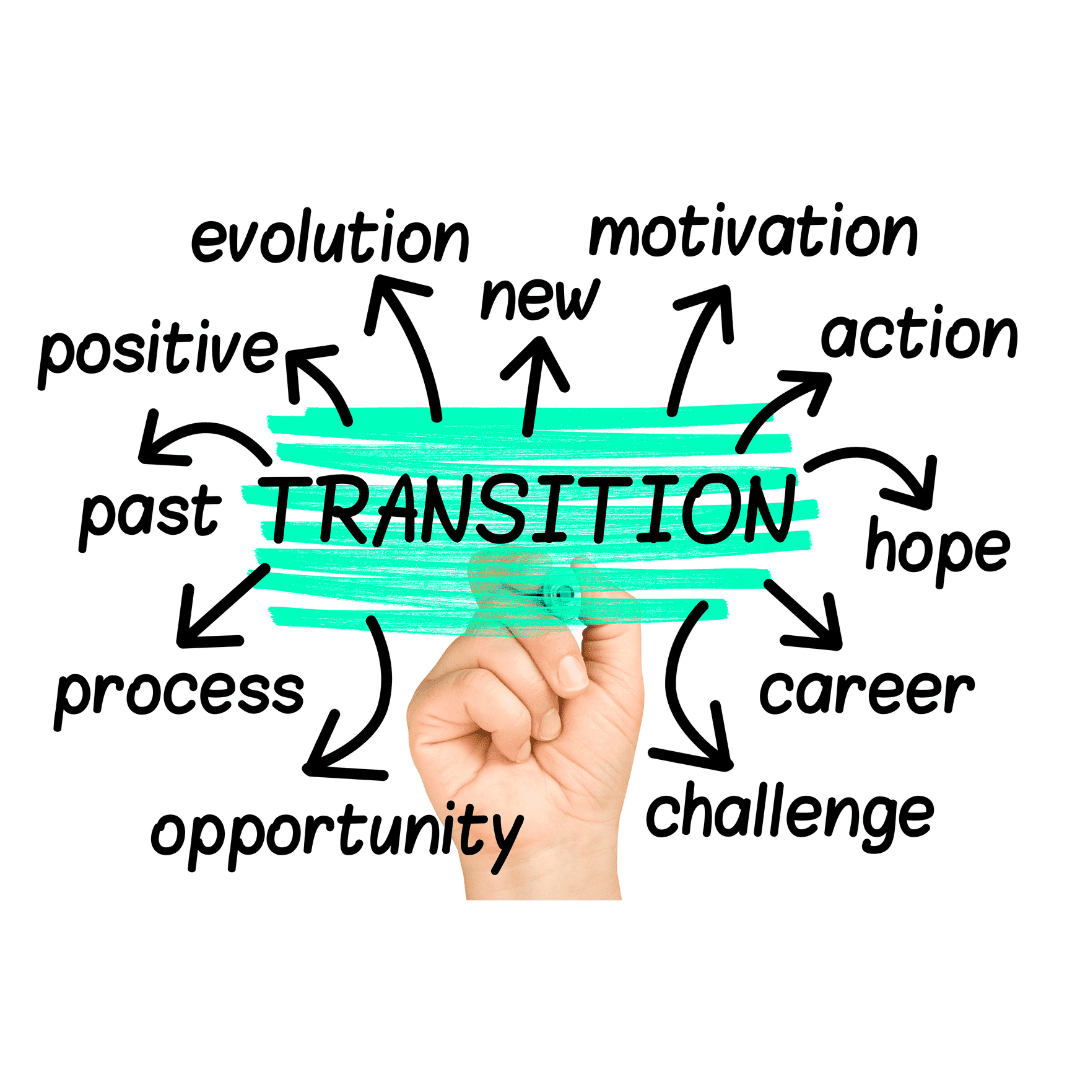 Transition is in the middle with arrows pointing to the words new, motivation, action, hope, career, challenge, opportunity, process, past, positive, and evolution. 