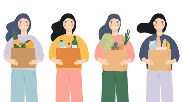 Cartoon image of four women standing side by side holding brown bags of healthy food items. 