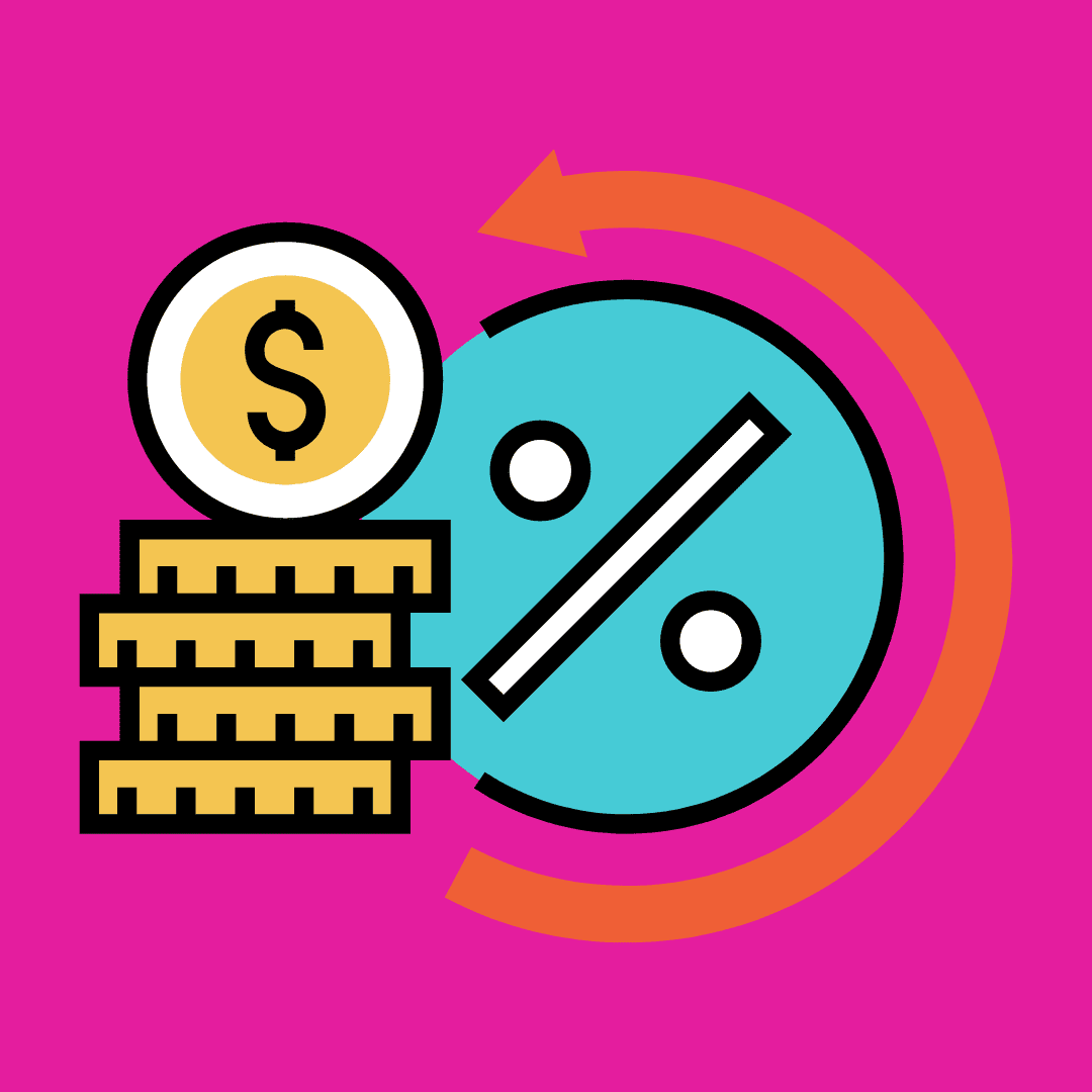 Pink background with graphic representation of a stack of coins with a dollar side next to a circle with the percent sign with an arrow going around it.