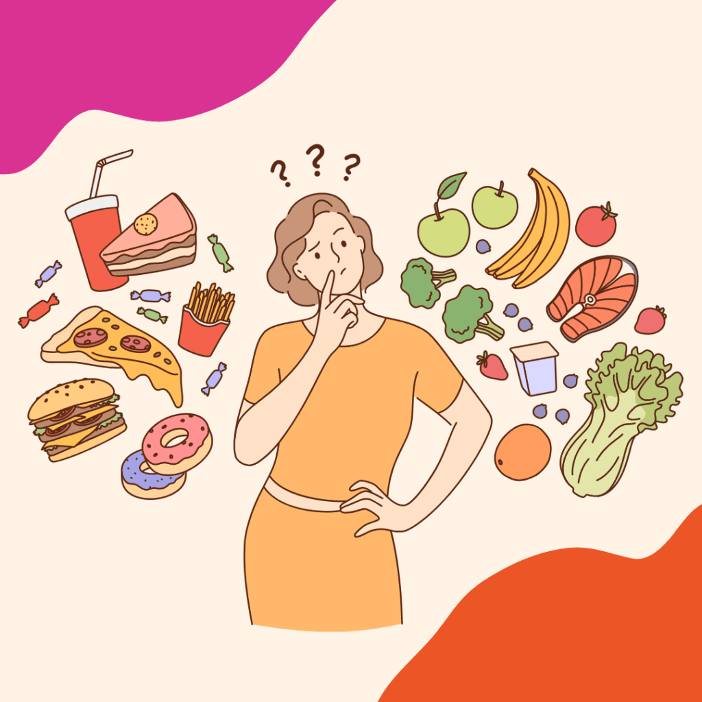 A woman with question marks above her head considers her food options. On the left, there is pizza, candy, soda, a burger and fries. On the right, there is bananas, apples, broccoli, yogurt, fish and lettuce.