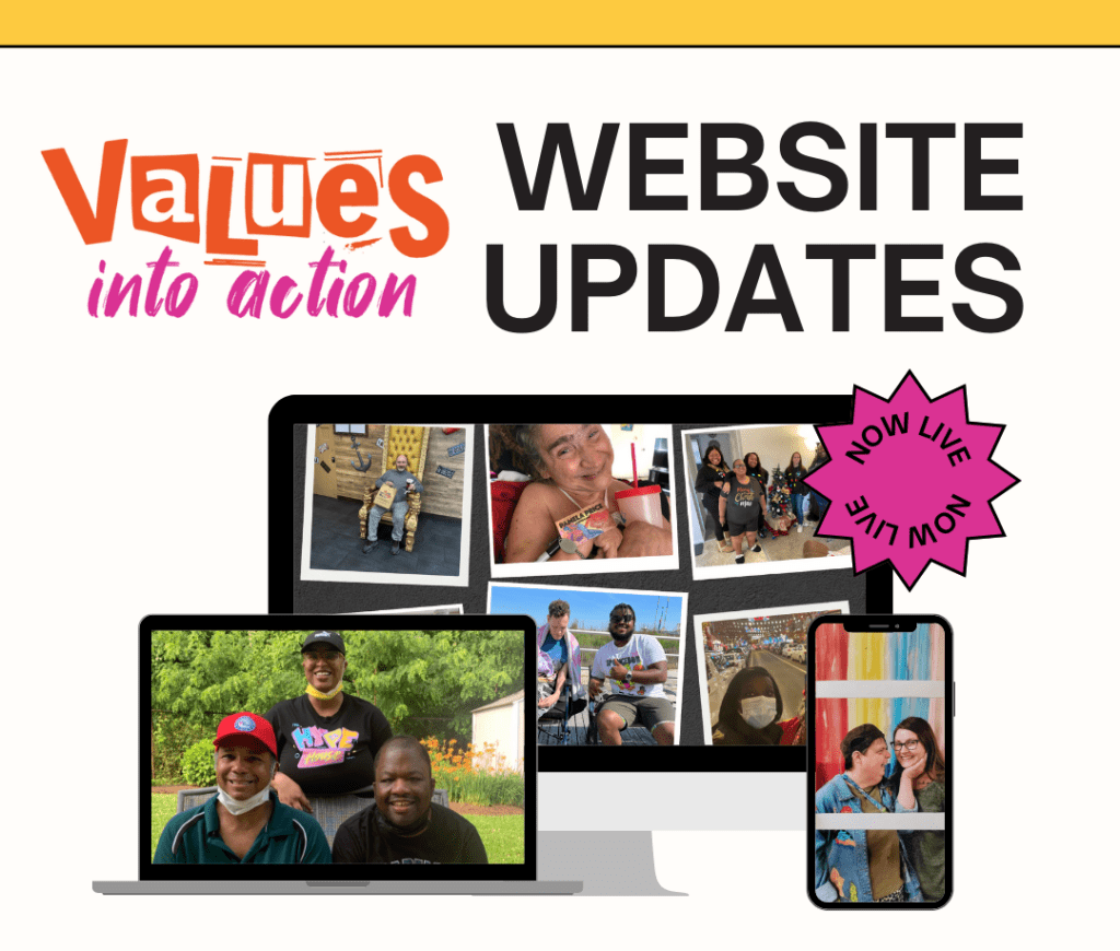 Values Into Action logo next to the words, "Website Updates" Below are graphics of different sized screens with pictures of our website inside.