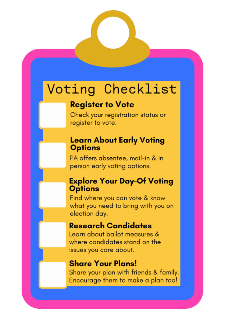 Voting Checklist: Register to Vote; Learn about your early voting options; Explore your day-of voting options; Research candidates; Share Your Plans
