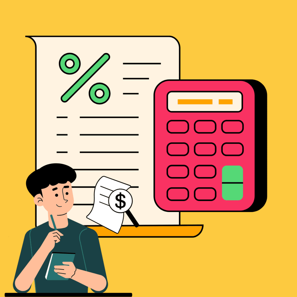 A drawing of a man holding a pad of paper and a pen in front of a large image of a financial document and a calculator.