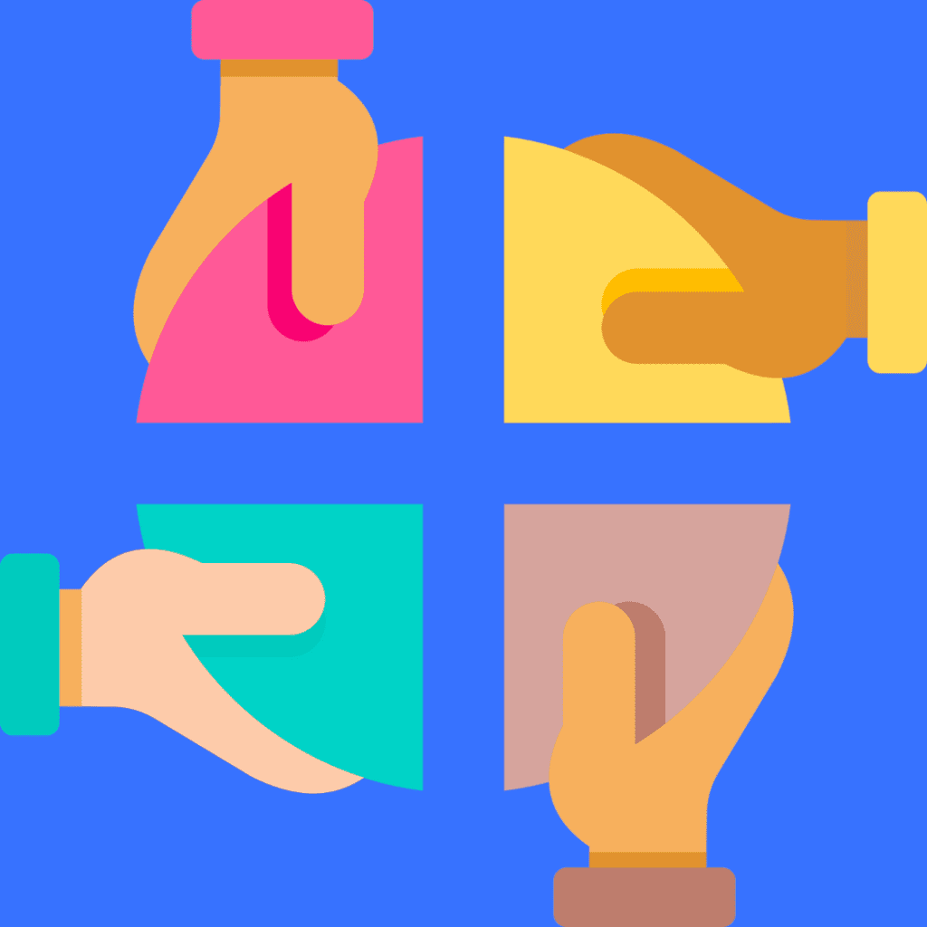 A brightly colored graphic with four hands putting together four parts of a circle