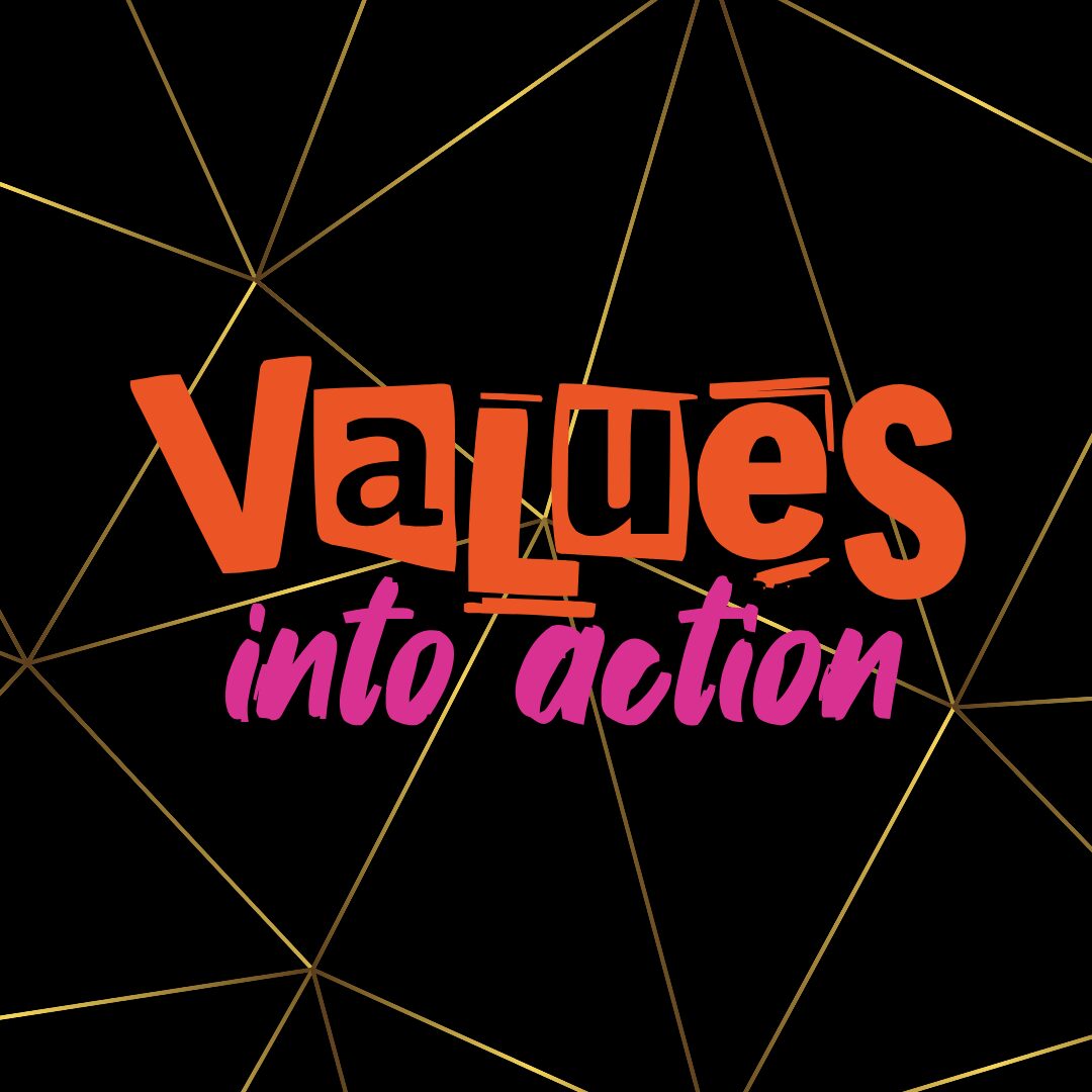 Values Into Action logo over black background with gold lines