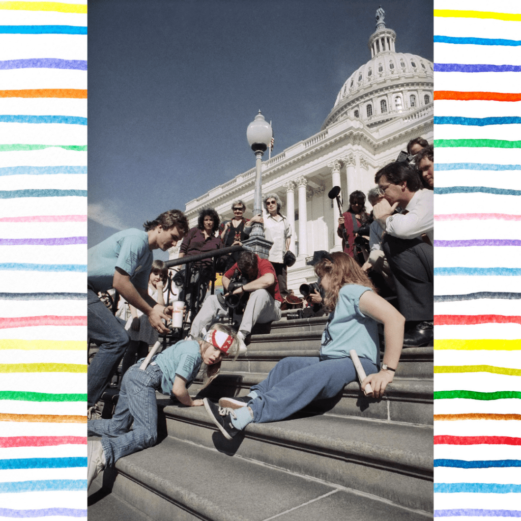 A photo of a group of people on the capital steps in 1990.