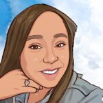 Cartoon picture of a brown skinned woman with long brown hair on a sky blue background