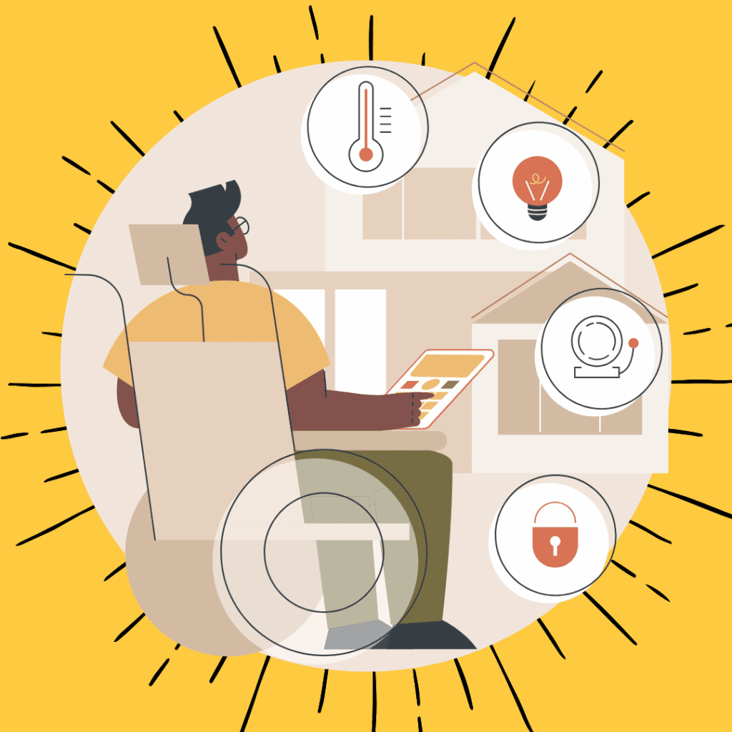 A cartoon graphic of a black person in a wheelchair using tech devices in their home