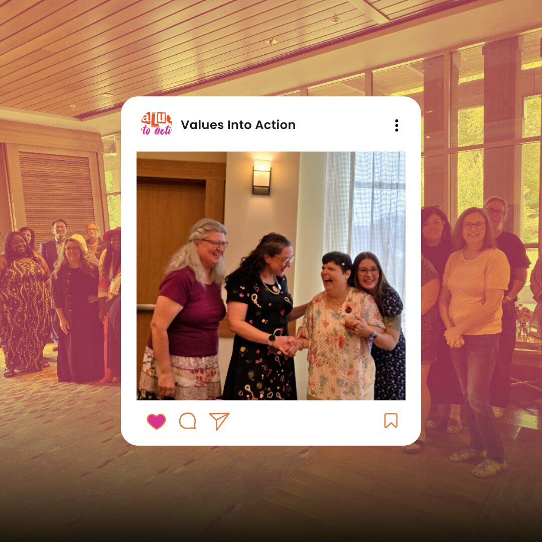 A large group photo in the background with a picture of 4 women, one disabled in the forefront.